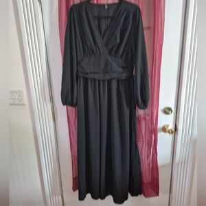 SHEIN CURVE Black Pleated Wrap Dress Gown with Bishop Sleeves Maxi Size 0XL 313